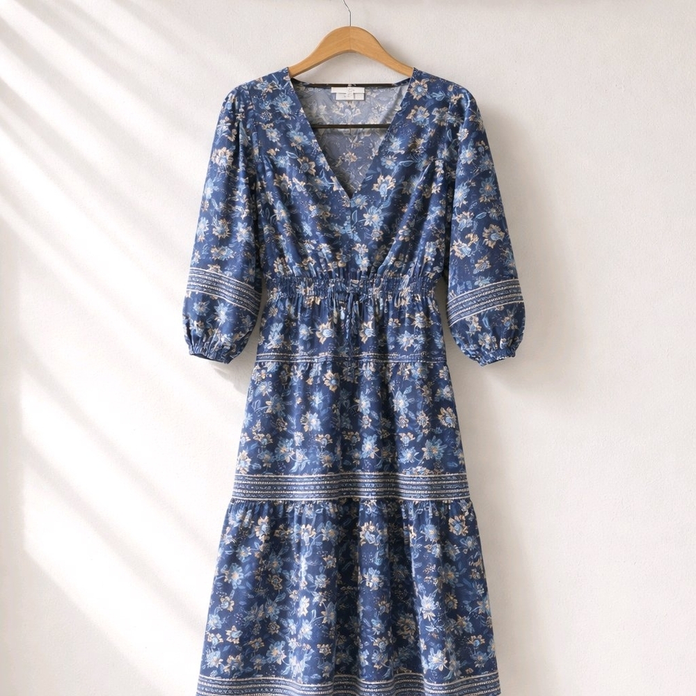 LOFT Blue Floral Boho V-Neck Tiered  Dress Size S